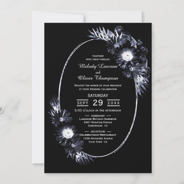 Moody Black Floral Wedding Invitation (Front)
