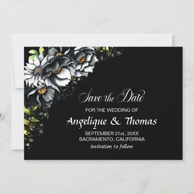 Moody Black Floral Wedding Save The Date (Front)