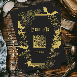 Moody Black Gold Gothic Wedding QR Code Website RSVP Card