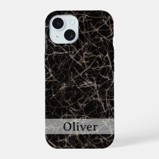 Moody Black Marble Stone Texture & Custom Name iPhone 15 Case
