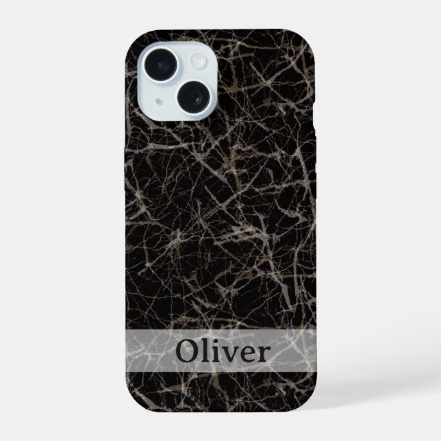 Moody Black Marble Stone Texture & Custom Name iPhone 15 Case (Back)