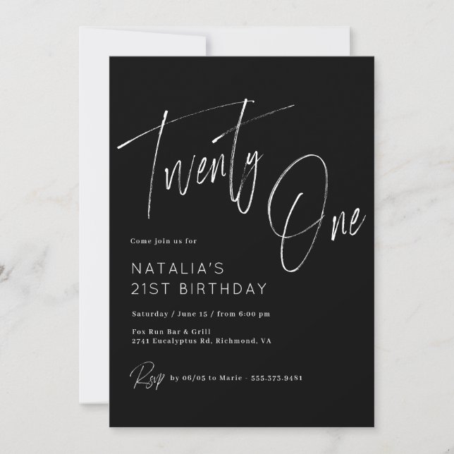 Moody Black | Modern Brush Script 21st Birthday Invitation (Front)