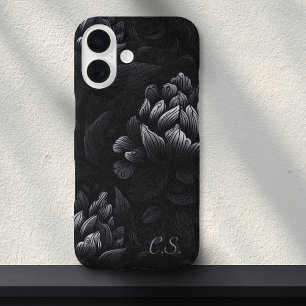 Moody Black Peony Monogram Girly Goth Floral iPhone 16 Case