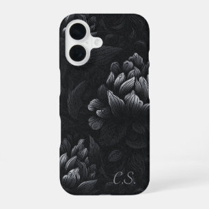 Moody Black Peony Monogram Girly Goth Floral iPhone 16 Case