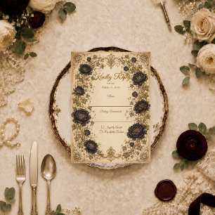 Moody Black Peony Wedding RSVP Card