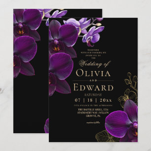 Moody Black Purple Bloom Orchid Wedding Invitation