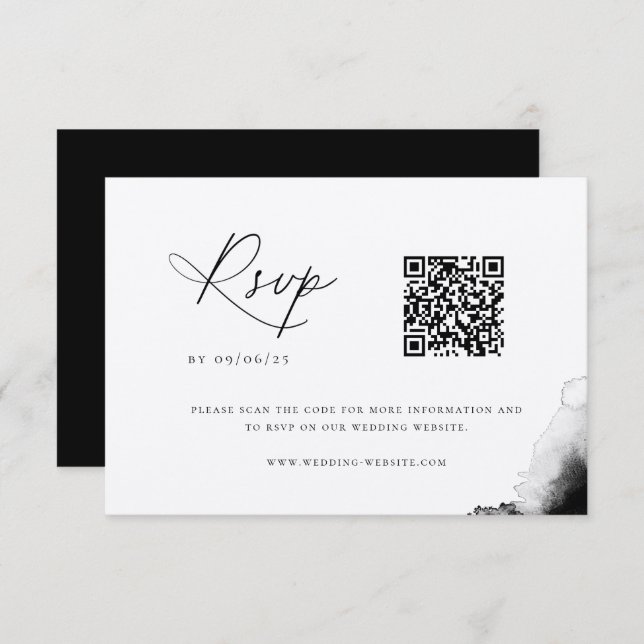 Moody Black Watercolor Wedding QR Code RSVP Card (Front/Back)
