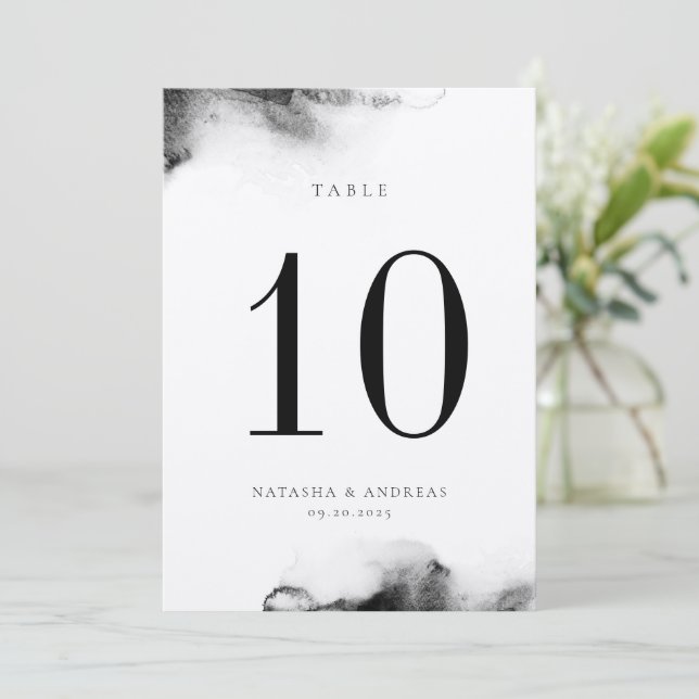 Moody Black Watercolor Wedding Table Number Card (Standing Front)