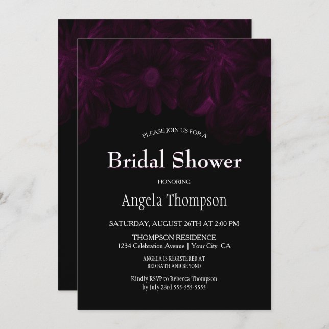 Moody Black with Pink Floral Bridal Shower Invitation (Front/Back)