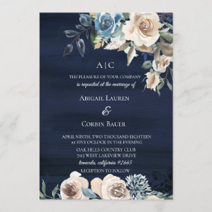 Moody Blue Champagne Floral Wedding Invitation