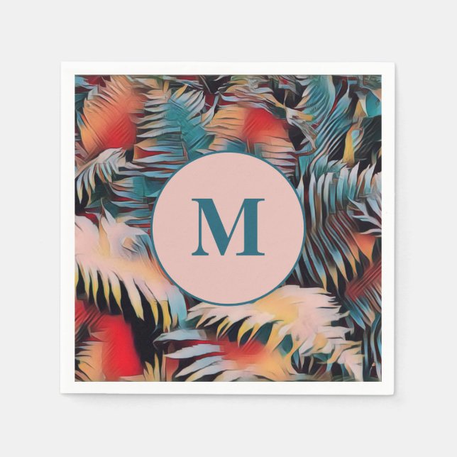 Moody Blue Fern Leaves Botanical Monogrammed Napkin (Front)