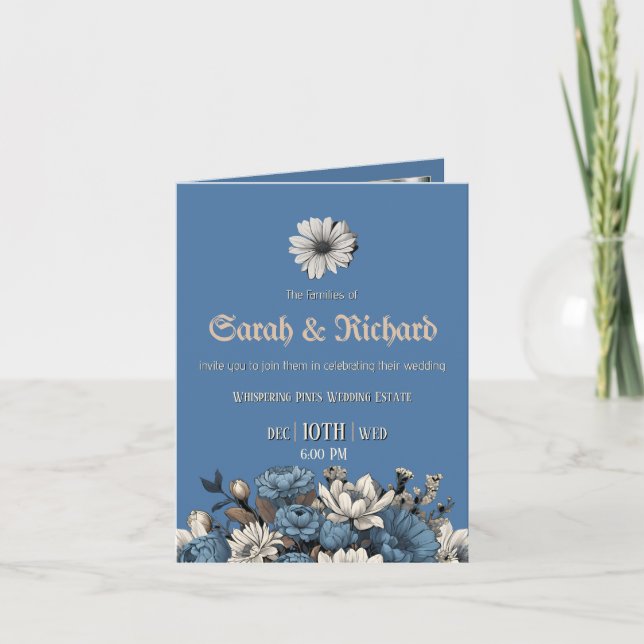 Moody Blue Floral Folded Photo Invite (Front)