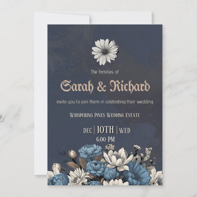 Moody Blue Floral Folded Photo Invite (Front)