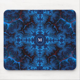 Moody Blue Fractal Filigree with Your Monogram Mouse Pad