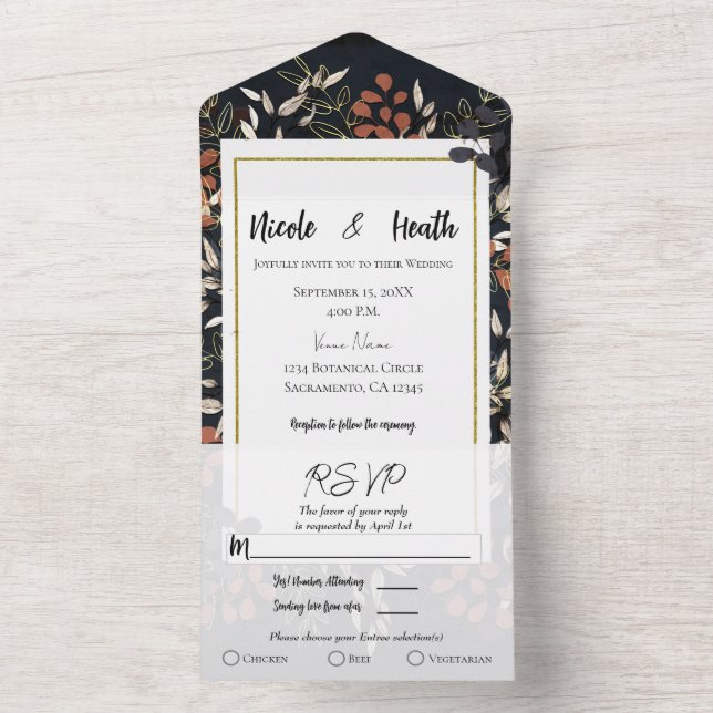Moody Blue Gold Bold Botanical Leaves Wedding   All In One Invitation (Inside)
