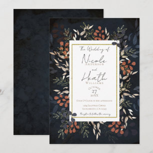 Moody Blue Gold Bold Botanical Leaves Wedding  Invitation