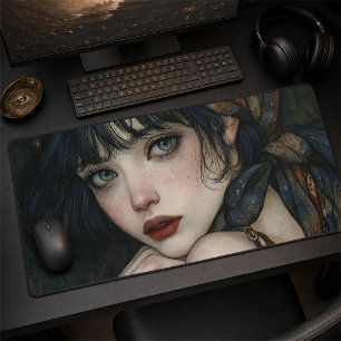 Moody Blue-Haired Woman Portrait Art Desk Mat