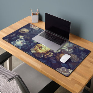 Moody Blue Teal Peony Floral Dark Romantic Desk Mat