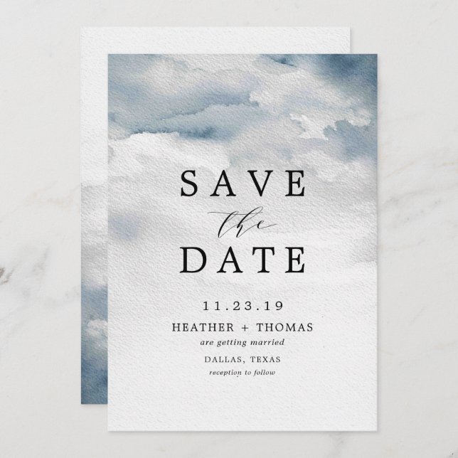 Moody Blue Watercolor Elegant Save the Dates Invitation (Front/Back)