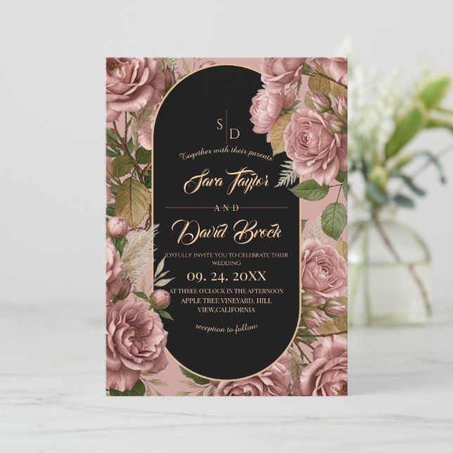 Moody Blush⎮Roses Floral Boho Wedding Invitation (Standing Front)