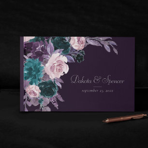 Moody Boho Dark Eggplant Purple and Teal Bouquet Guest Book