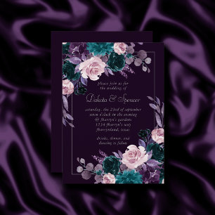 Moody Boho   Dark Eggplant Purple and Teal Bouquet Invitation