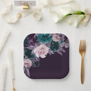 Moody Boho   Dark Eggplant Purple and Teal Bouquet Paper Plate