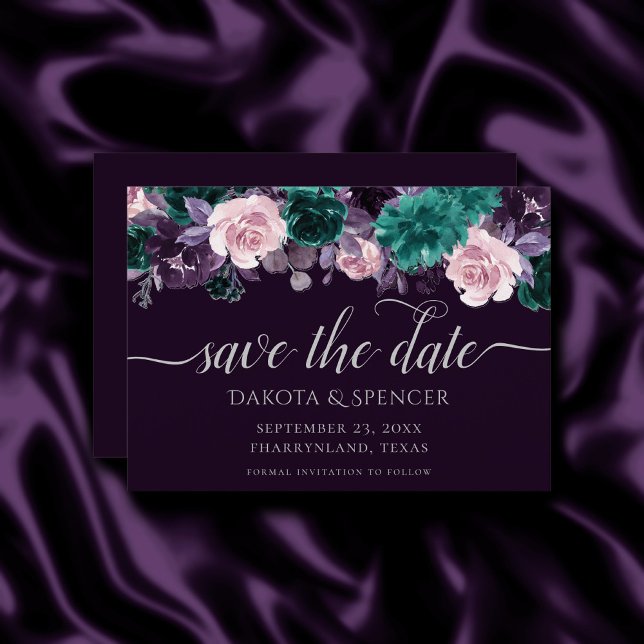 Moody Boho | Dark Eggplant Purple and Teal Floral Save The Date (Creator Uploaded)