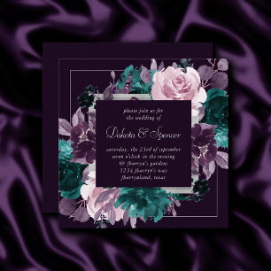 Moody Boho   Dark Eggplant Purple and Teal Wreath Invitation