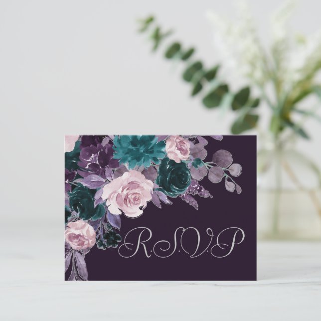 Moody Boho | Dark Eggplant Purple Teal Entree RSVP Postcard (Standing Front)