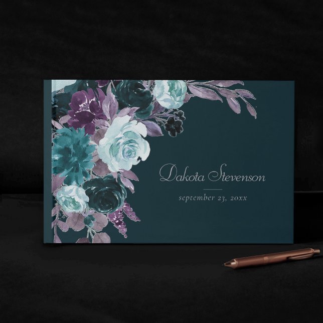 Moody Boho | Deep Teal and Eggplant Purple Bouquet Guest Book (Creator Uploaded)