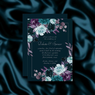 Moody Boho Deep Teal Turquoise Purple Bouquet Invitation