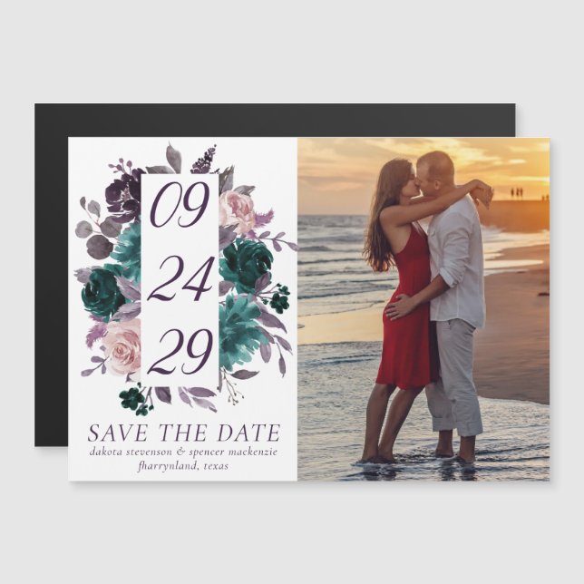 Moody Boho | Eggplant and Teal Photo Save the Date Magnetic Invitation (Front/Back)