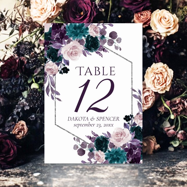 Moody Boho | Eggplant Purple and Teal Rose Garland Table Number (Creator Uploaded)