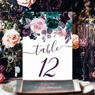 Moody Boho   Eggplant Purple and Teal Rose Garland Table Number