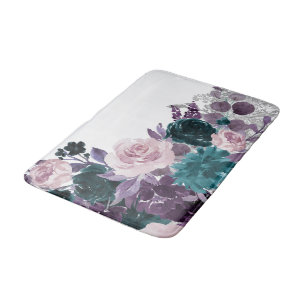 Moody Boho   Eggplant Purple and Teal Rose Shimmer Bath Mat