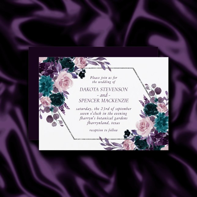 Moody Boho | Eggplant Purple and Teal Rose Wedding Invitation (Creator Uploaded)