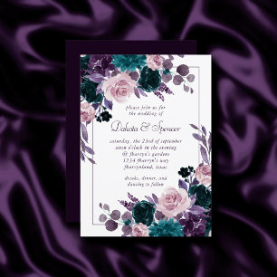 Moody Boho   Eggplant Purple Floral Frame Wedding Invitation