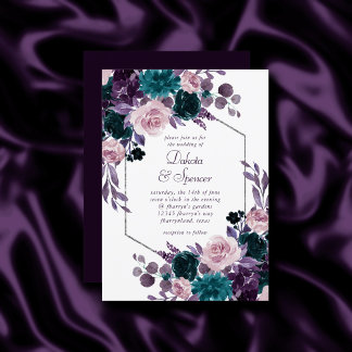Moody Boho | Eggplant Purple Silver Frame Bouquet Invitation