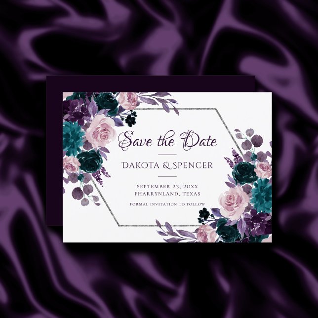 Moody Boho | Eggplant Purple Silver Frame Bouquets Save The Date (Creator Uploaded)