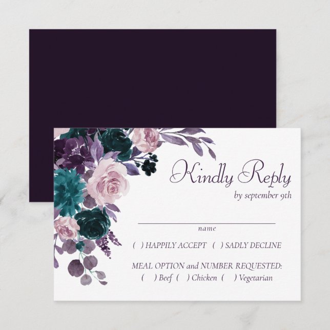 Moody Boho | Eggplant Purple Silver Frame Entree RSVP Card (Front/Back)