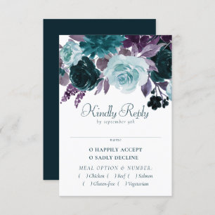 Moody Boho   Teal and Eggplant Purple Rose Entree RSVP Card