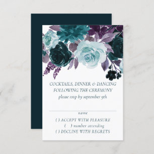 Moody Boho   Teal and Eggplant Purple Rose Floral RSVP Card