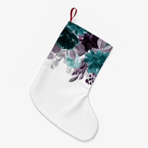Moody Boho Teal and Eggplant Purple Rose Floral Small Christmas Stocking