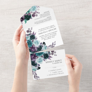 Moody Boho   Teal and Purple Dark Floral Bouquet All In One Invitation