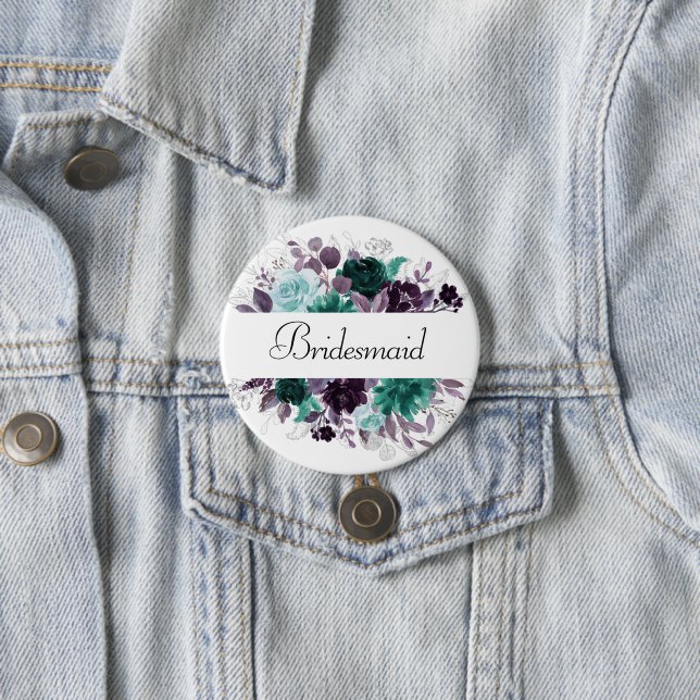 Moody Boho | Teal and Purple Floral Bridal Party 7.5 Cm Round Badge (In Situ)