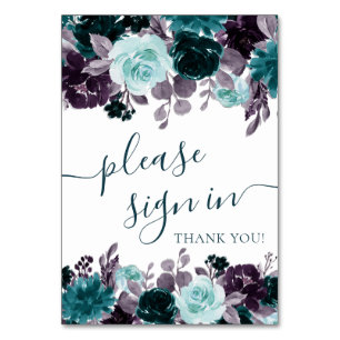 Moody Boho   Teal and Purple Floral Please Sign In Table Number