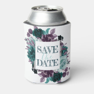 Moody Boho   Teal and Purple Floral Save the Date Can Cooler