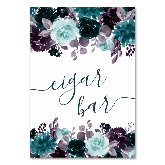 Moody Boho | Teal and Purple Garland Cigar Bar Table Number (Front)