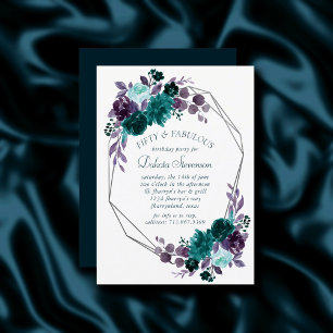 Moody Boho   Teal and Purple Roses Fabulous Fifty Invitation